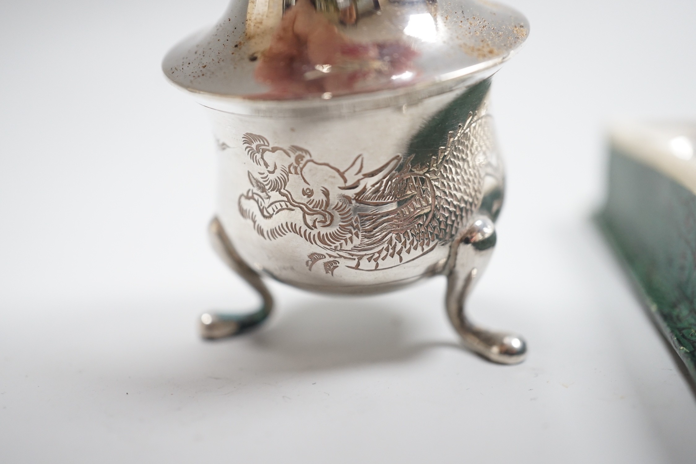 A late 19th/early 20th century Chinese Export sterling condiment by Tack Hing, Hong Kong and two sets of six Chinese white metal and jade? set coffee spoons, by Wai Kee, 83mm